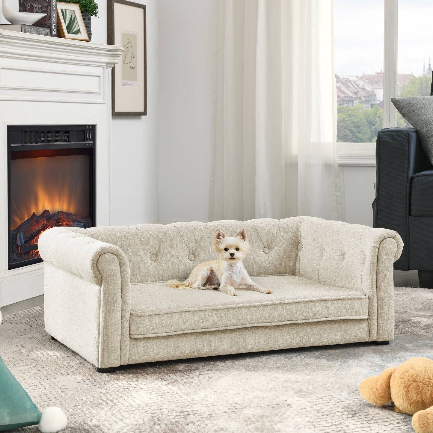 Modern Elegant Rectangle Pet Bed, Durable Elevated Dog Sofa, Beige Foam 40'*23'*14'