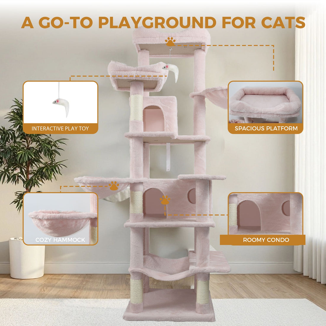 Pink multi-level cat tree with cozy hammock, interactive toy, and spacious platforms for indoor cats. Perfect cat furniture for play and rest.