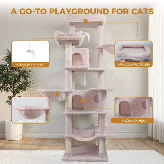 Pink multi-level cat tree with cozy hammock, interactive toy, and spacious platforms for indoor cats. Perfect cat furniture for play and rest.