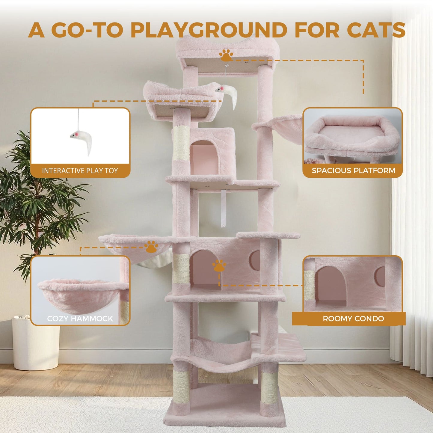 68 Inches Multi-Level Large and Tall Cat Tree PINK