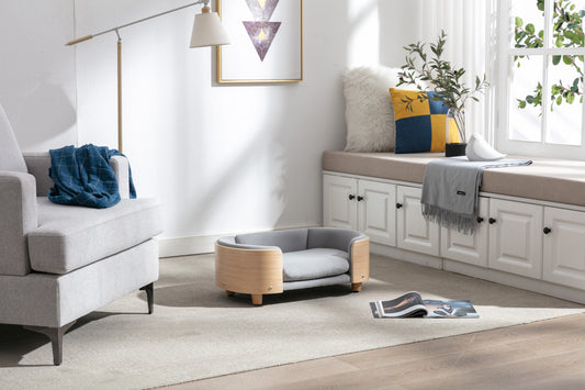 Scandinavian Style Elevated Dog Bed Pet Sofa with Solid Wood Legs, Bent Wood Back, Light Grey Velvet, Stain-Resistant & Easy-Assemble for Small/Medium Dogs - PSL