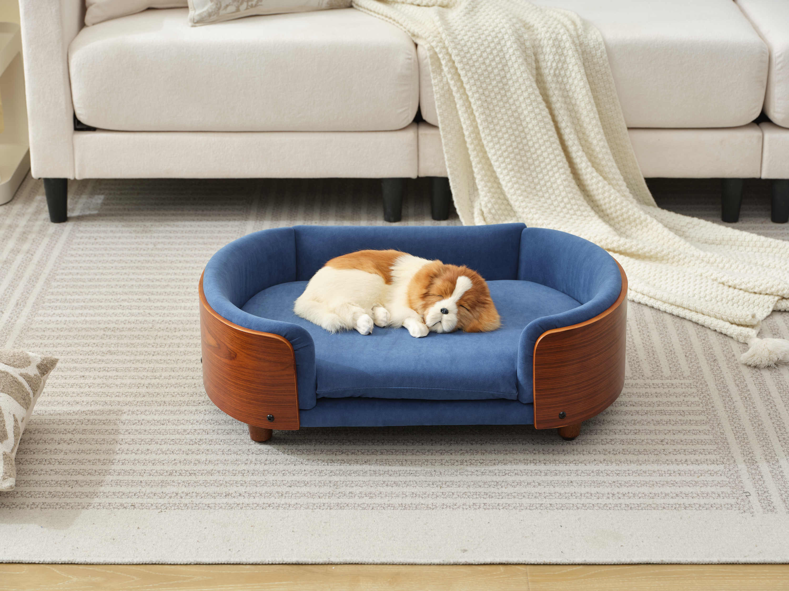 Scandinavian Style Elevated Dog Bed Pet Sofa with Solid Wood Legs, Walnut Bent Wood Back, Dark Blue Velvet, Orthopedic Support & Machine-Washable Cover for Small/Medium Dogs - PSL
