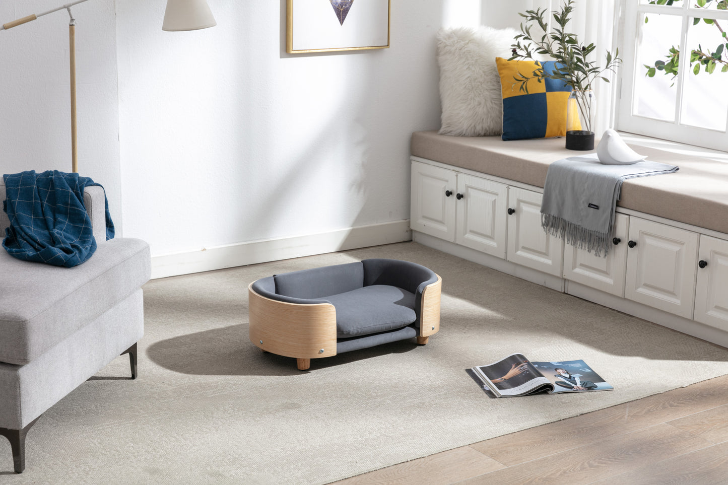 Scandinavian Style Elevated Dog Bed Pet Sofa with Solid Wood Legs, Bent Wood Back, Dark Grey Velvet, Stain-Resistant & Easy-Assemble for Small/Medium Dogs - PSL