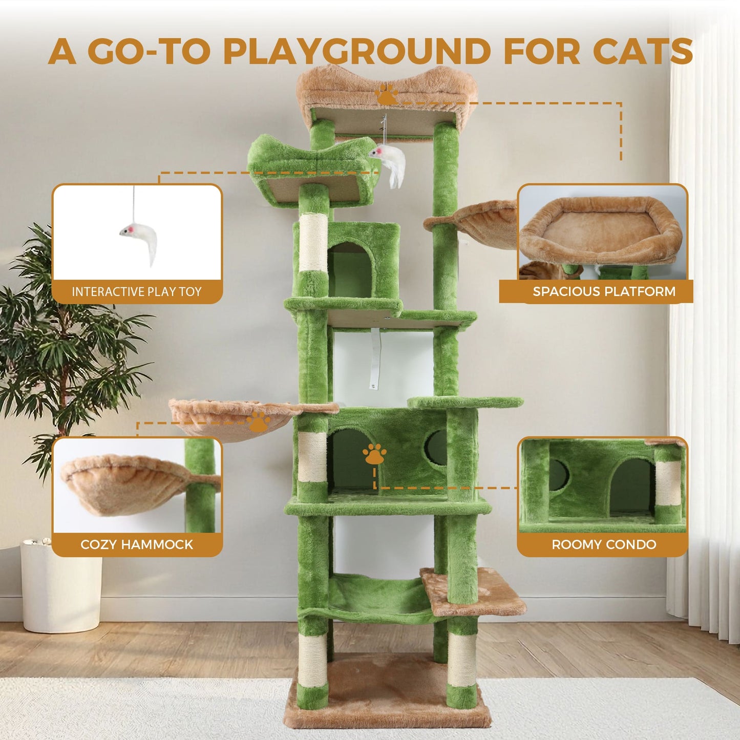 68 Inches Multi-Level Large and Tall Cat Tree green