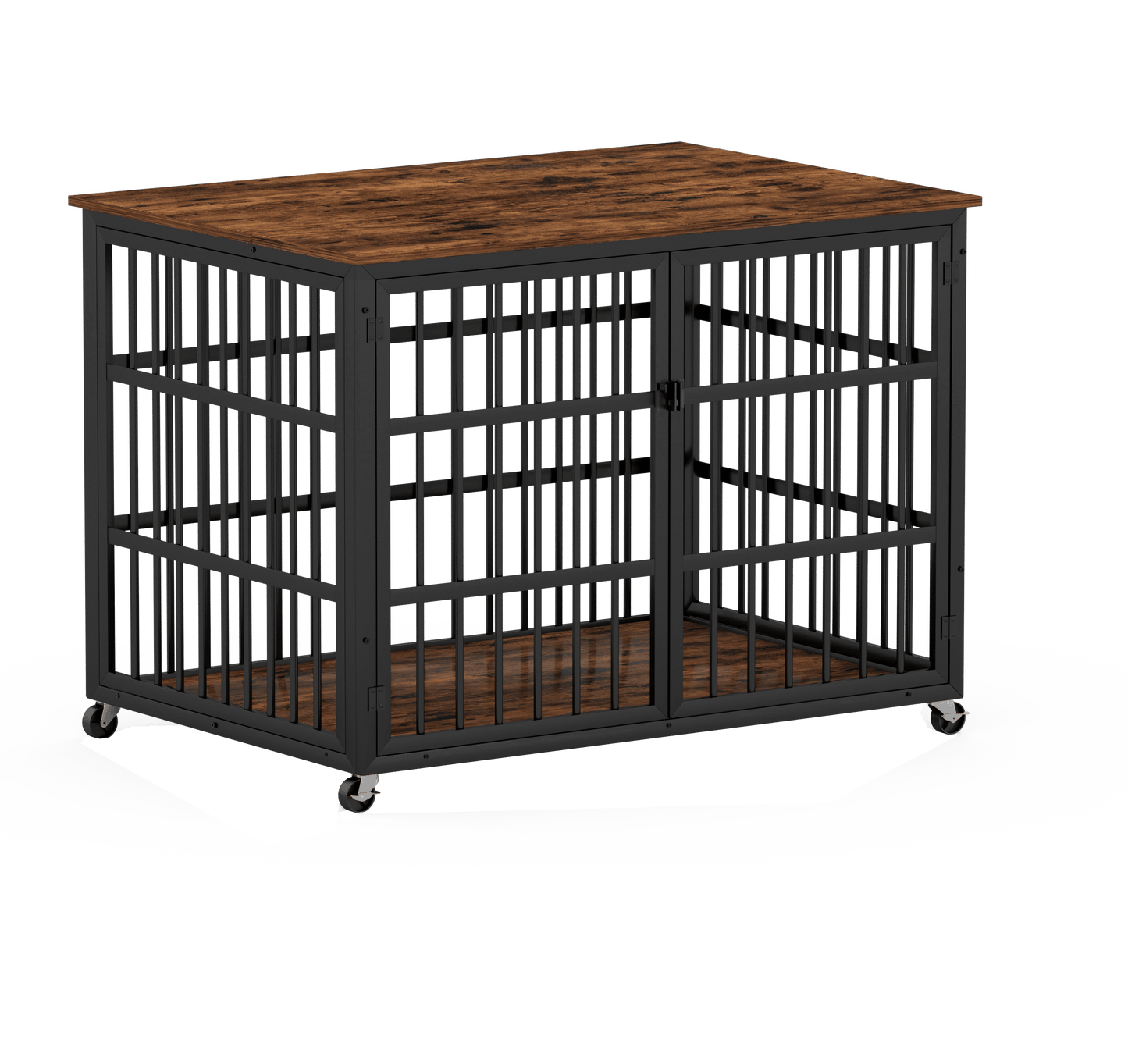 Furniture style dog crate wrought iron frame door with side openings, Rustic Brown, 43.3''W x 29.9''D x 33.5''H.