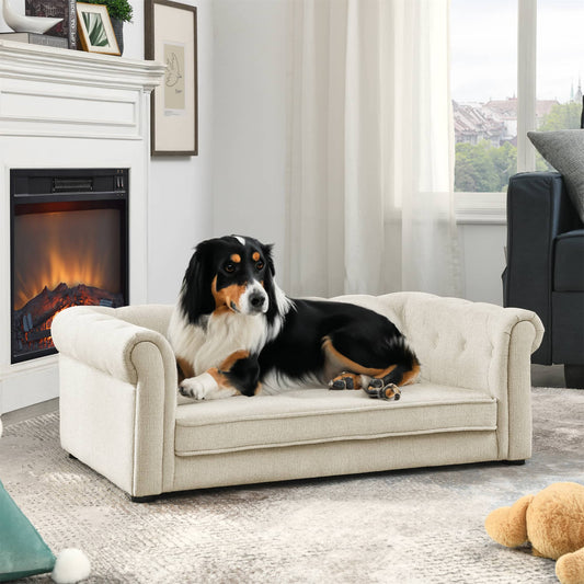 Modern Elegant Rectangle Pet Bed, Durable Elevated Dog Sofa, Beige Foam 40'*23'*14'