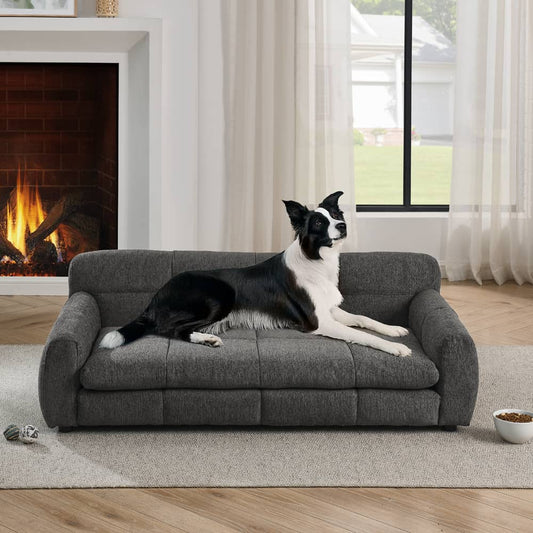 Modern Style Elegant Rectangle Pet Bed for Small and Medium Dogs, Durable Elevated Dog Sofa, Dark Grey Foam