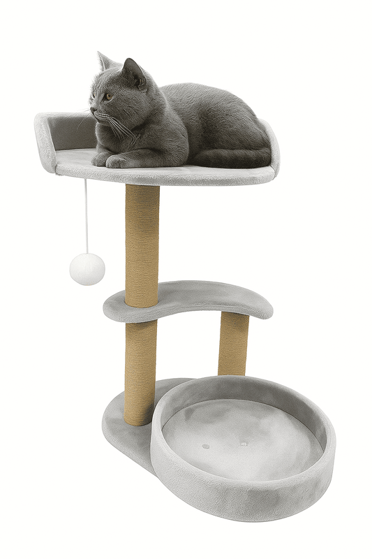 Multi-tiered cat tree with scratching posts and interactive ball toy - perfect indoor cat furniture for play and rest