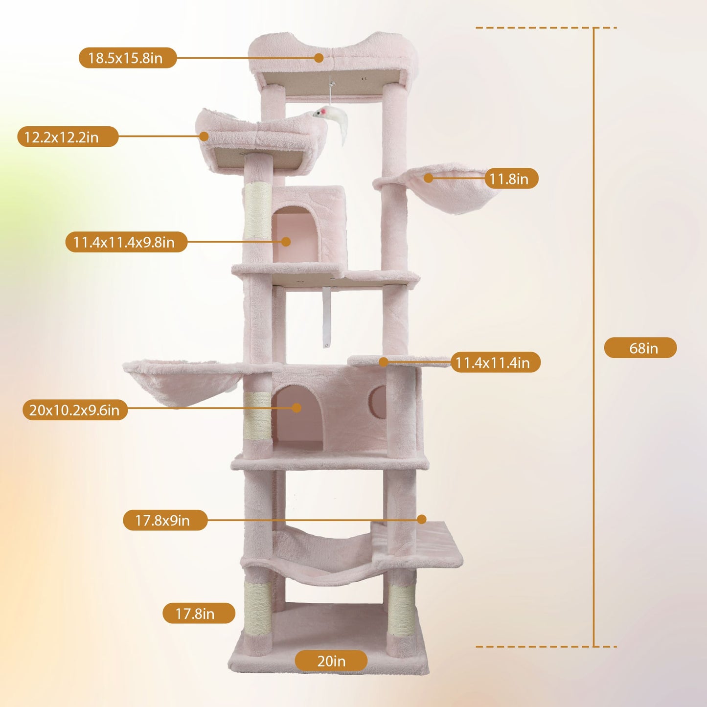 68 Inches Multi-Level Large and Tall Cat Tree PINK